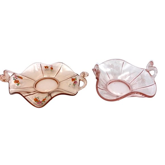 Fenton Candy Dishes 2 Items Dolphin Handles 1930s Pink Depression Cut Glass Hand - Picture 3 of 16